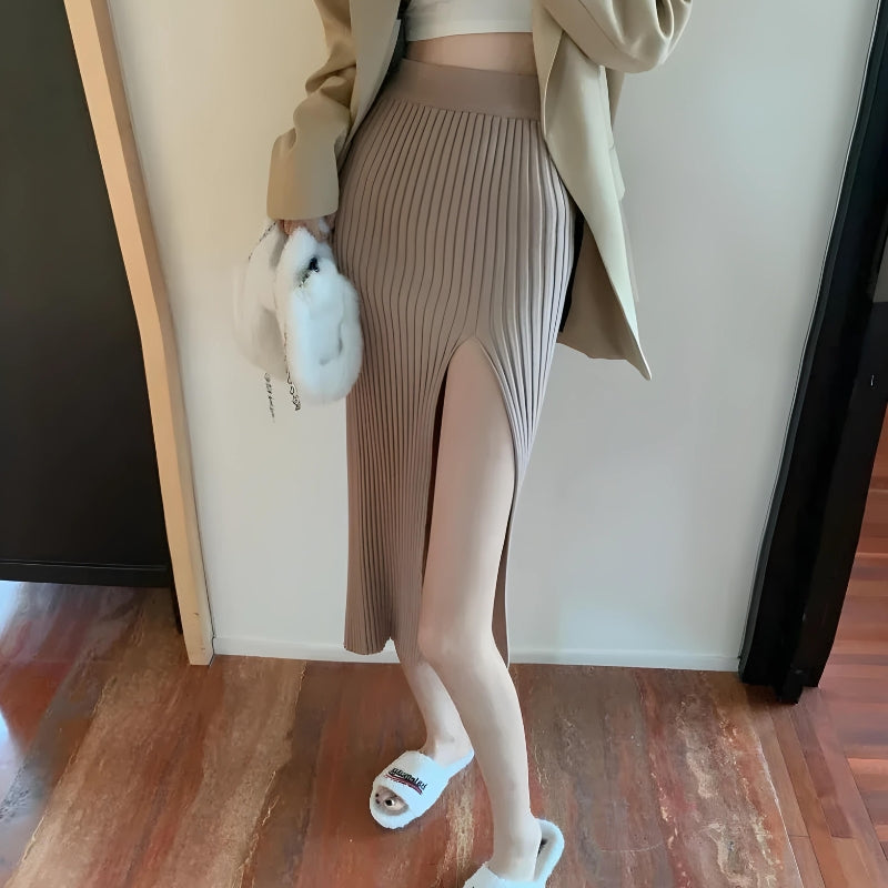 Stylish Work Outfits, Outfit Summer Ideas Corduroy Knitted Split Midi Skirt