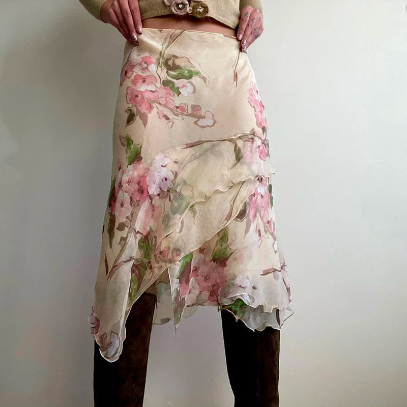 Stylish Work Outfits, Outfit Summer Ideas Cottagecore Floral Layered Midi Skirt