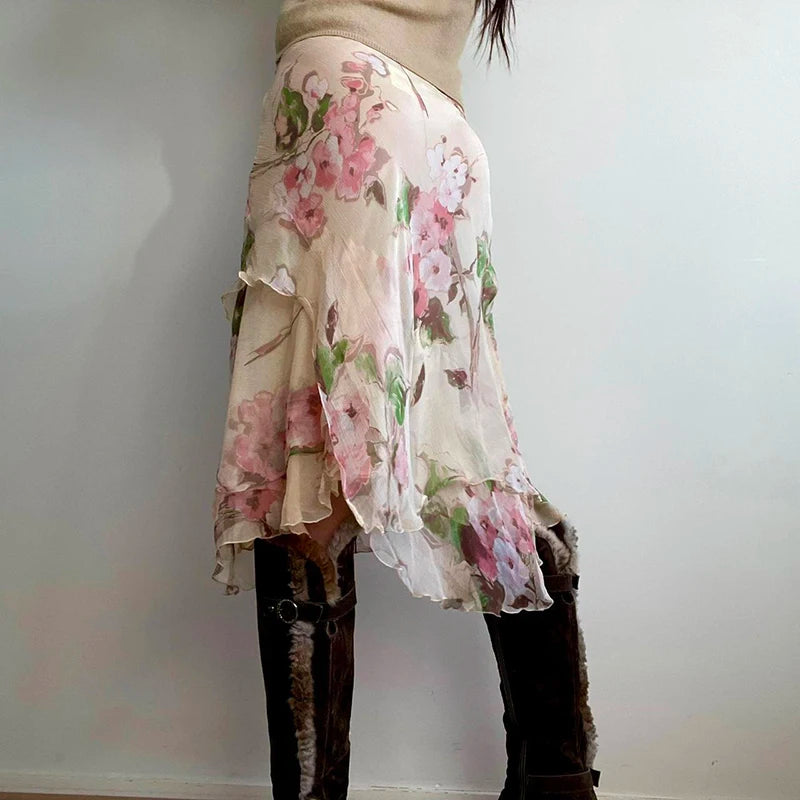 Stylish Work Outfits, Outfit Summer Ideas Cottagecore Floral Layered Midi Skirt