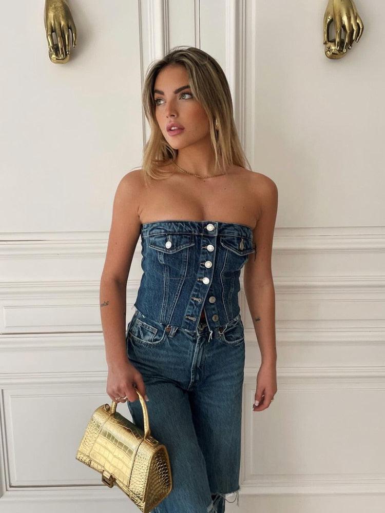 Stylish Work Outfits, Outfit Summer Ideas Cowgirl Button Up Denim Tube Top