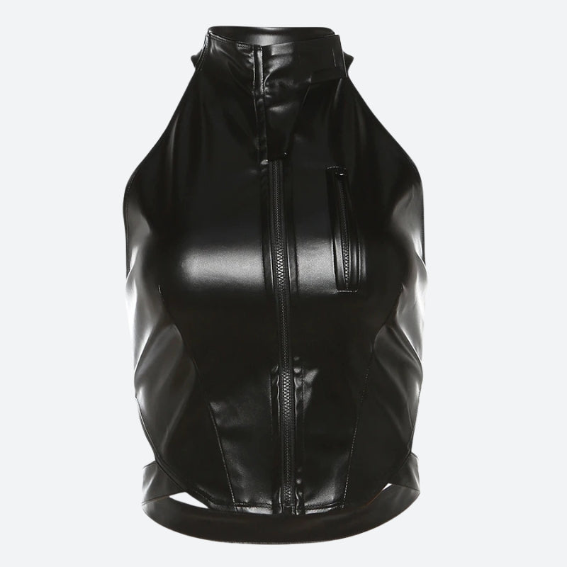 Stylish Work Outfits, Outfit Summer Ideas Cyberpunk Faux Leather Zip Up Top