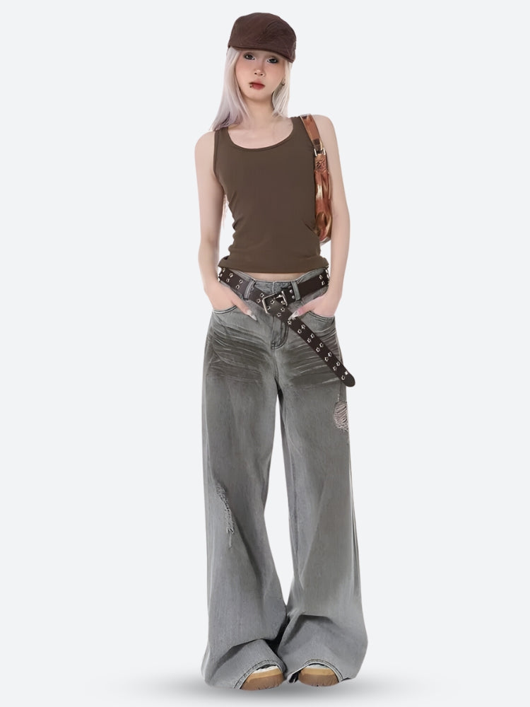 Stylish Work Outfits, Outfit Summer Ideas Distressed Wide Leg Jeans