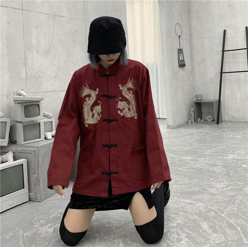 Stylish Work Outfits, Outfit Summer Ideas Dragon Embroidery Mandarin Collar Shirt