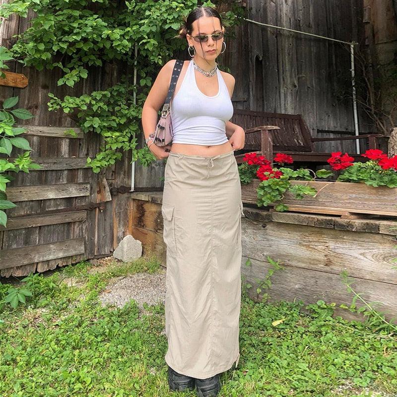 Stylish Work Outfits, Outfit Summer Ideas Drawstring Parachute Maxi Skirt