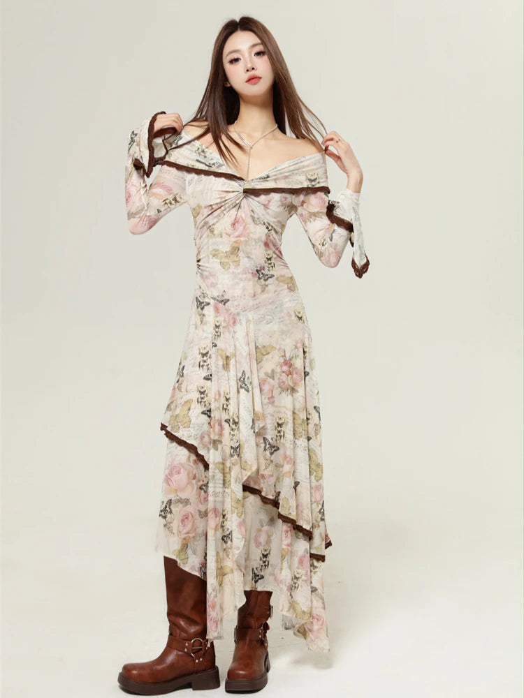 Stylish Work Outfits, Outfit Summer Ideas Fairycore Butterfly Off Shoulder Midi Dress