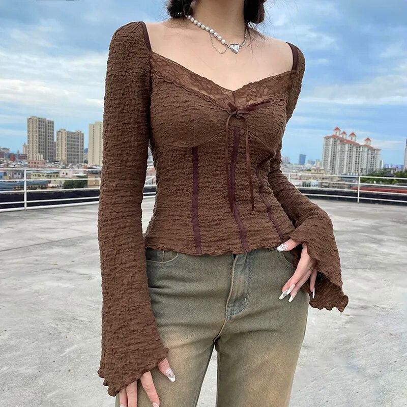 Stylish Work Outfits, Outfit Summer Ideas Fairycore Lace Detailed Shirred Top