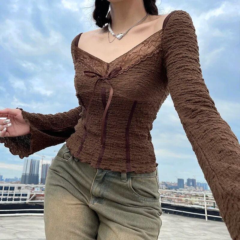 Stylish Work Outfits, Outfit Summer Ideas Fairycore Lace Detailed Shirred Top
