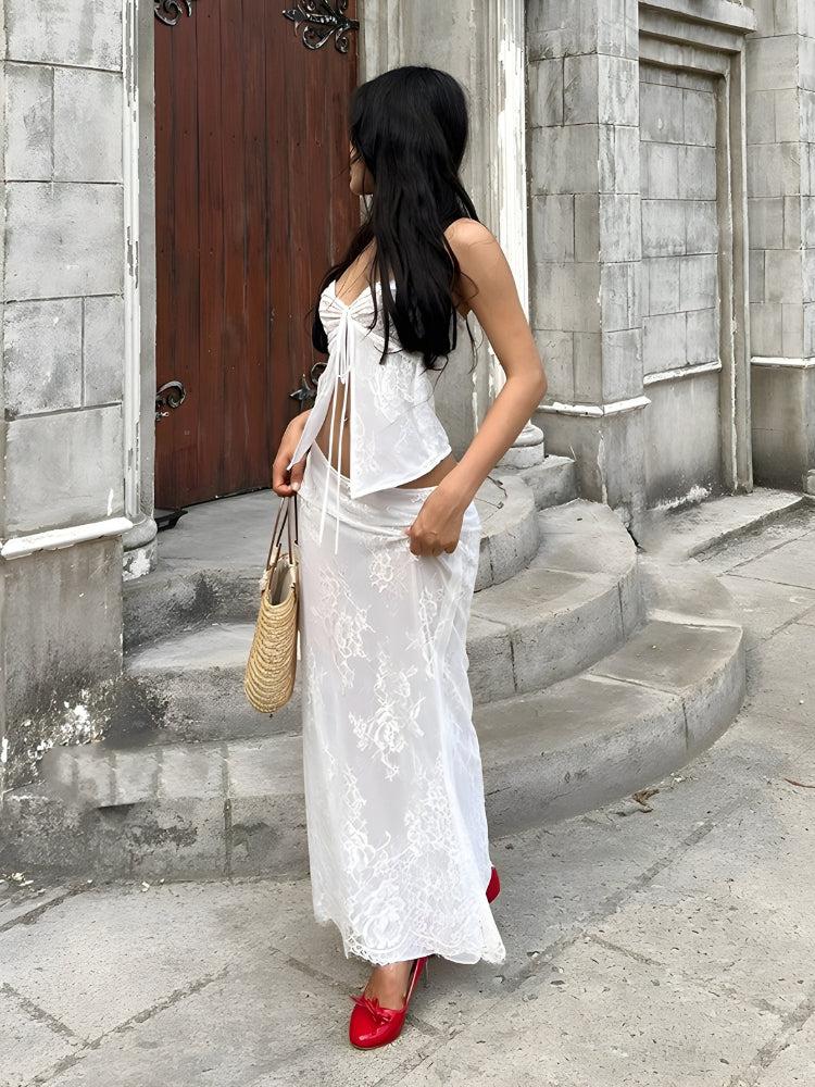 Stylish Work Outfits, Outfit Summer Ideas Fairycore Lace Strapless Top & Maxi Skirt Two Piece Set