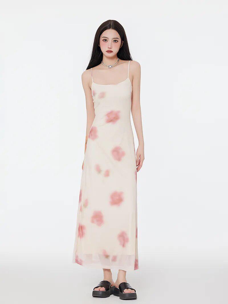 Stylish Work Outfits, Outfit Summer Ideas Floral Mesh Spaghetti Strap Maxi Dress