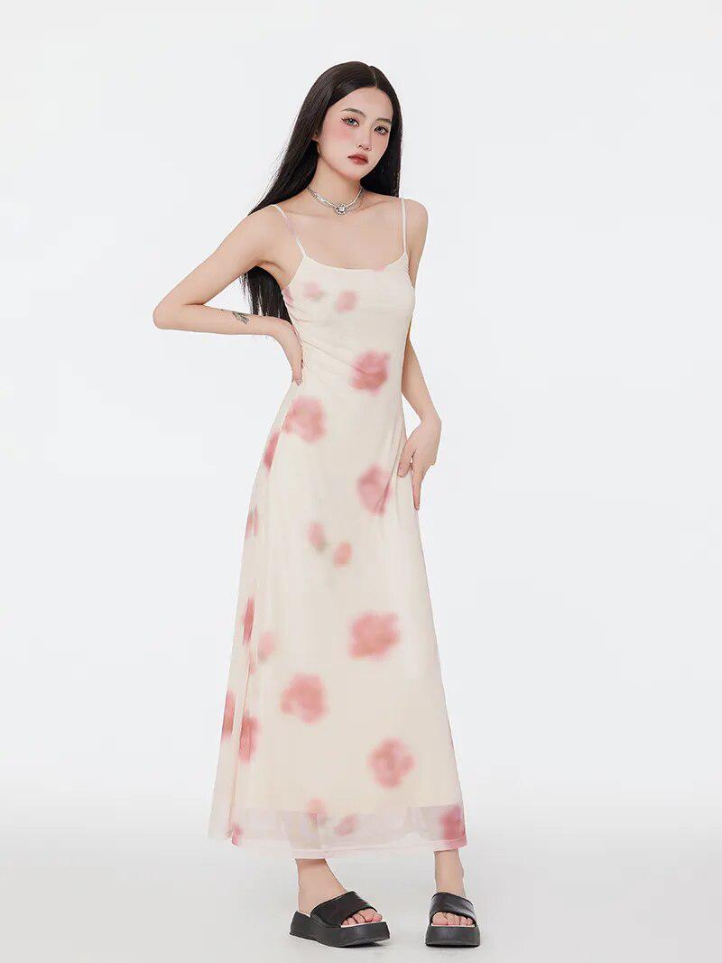 Stylish Work Outfits, Outfit Summer Ideas Floral Mesh Spaghetti Strap Maxi Dress
