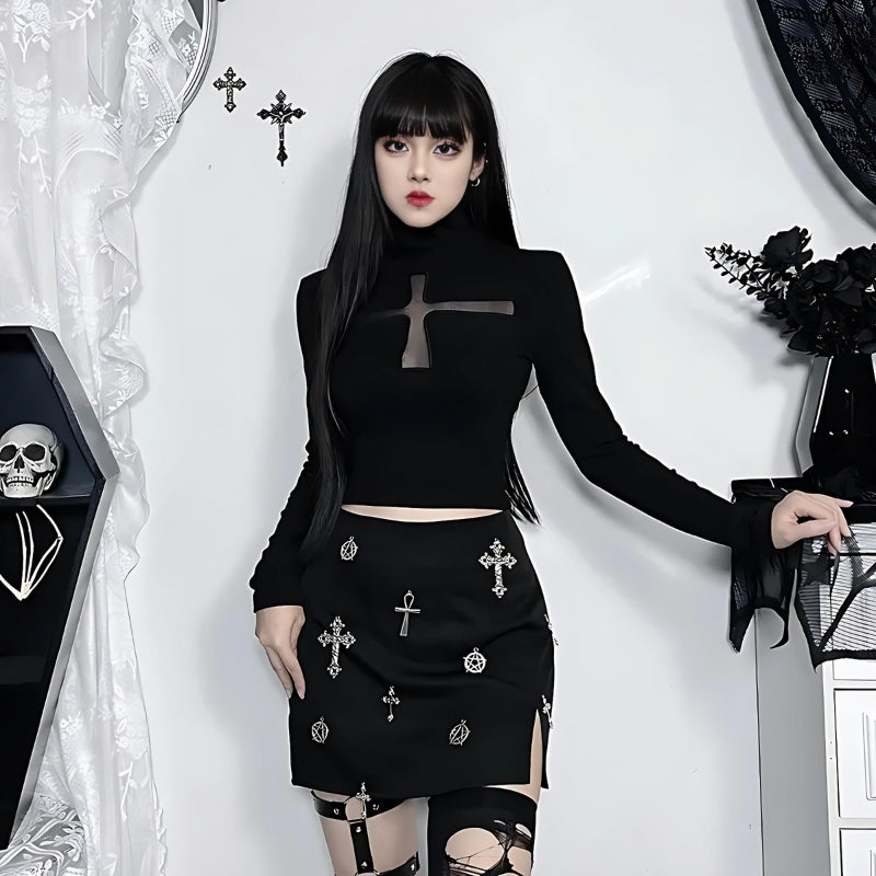 Stylish Work Outfits, Outfit Summer Ideas Goth Cross Cut Out Top
