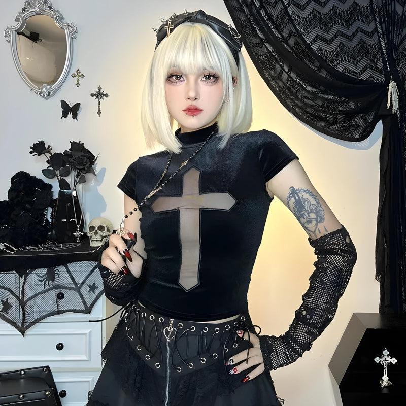 Stylish Work Outfits, Outfit Summer Ideas Goth Cross Cut Out Velvet Top