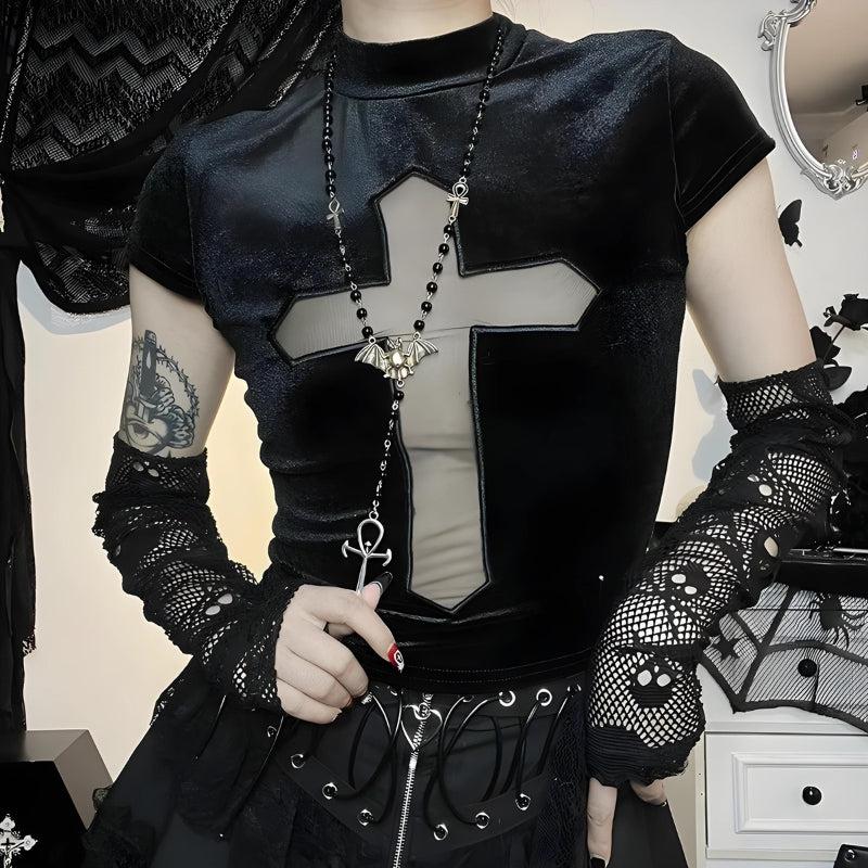 Stylish Work Outfits, Outfit Summer Ideas Goth Cross Cut Out Velvet Top