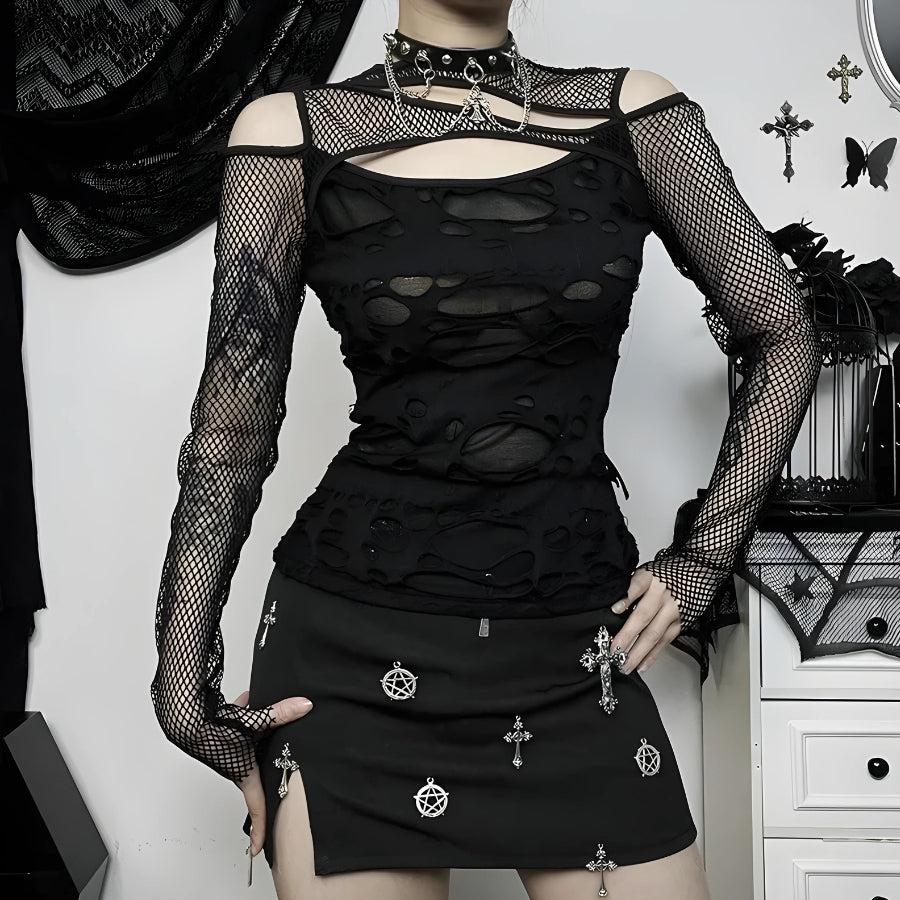 Stylish Work Outfits, Outfit Summer Ideas Goth Fishnet Ripped Top