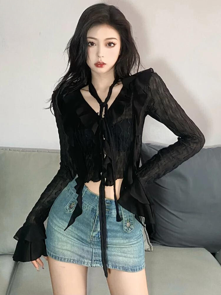 Stylish Work Outfits, Outfit Summer Ideas Goth Sheer Ruffled Blouse