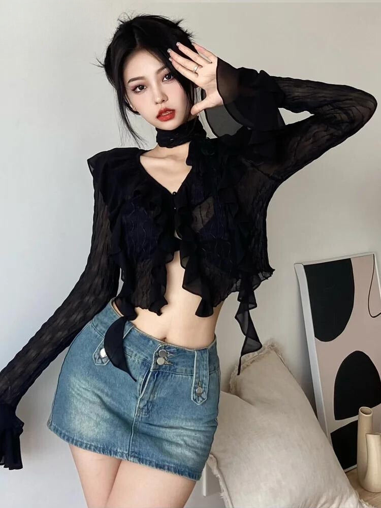 Stylish Work Outfits, Outfit Summer Ideas Goth Sheer Ruffled Blouse