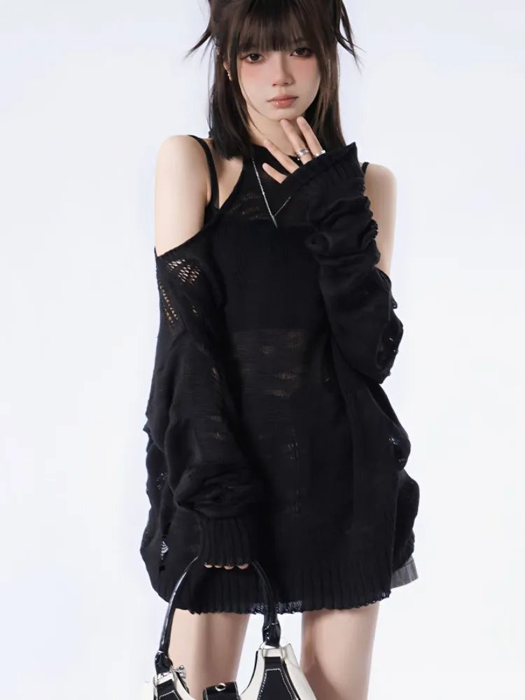 Stylish Work Outfits, Outfit Summer Ideas Grunge Distressed Cut-Out Fine Knitted Sweater