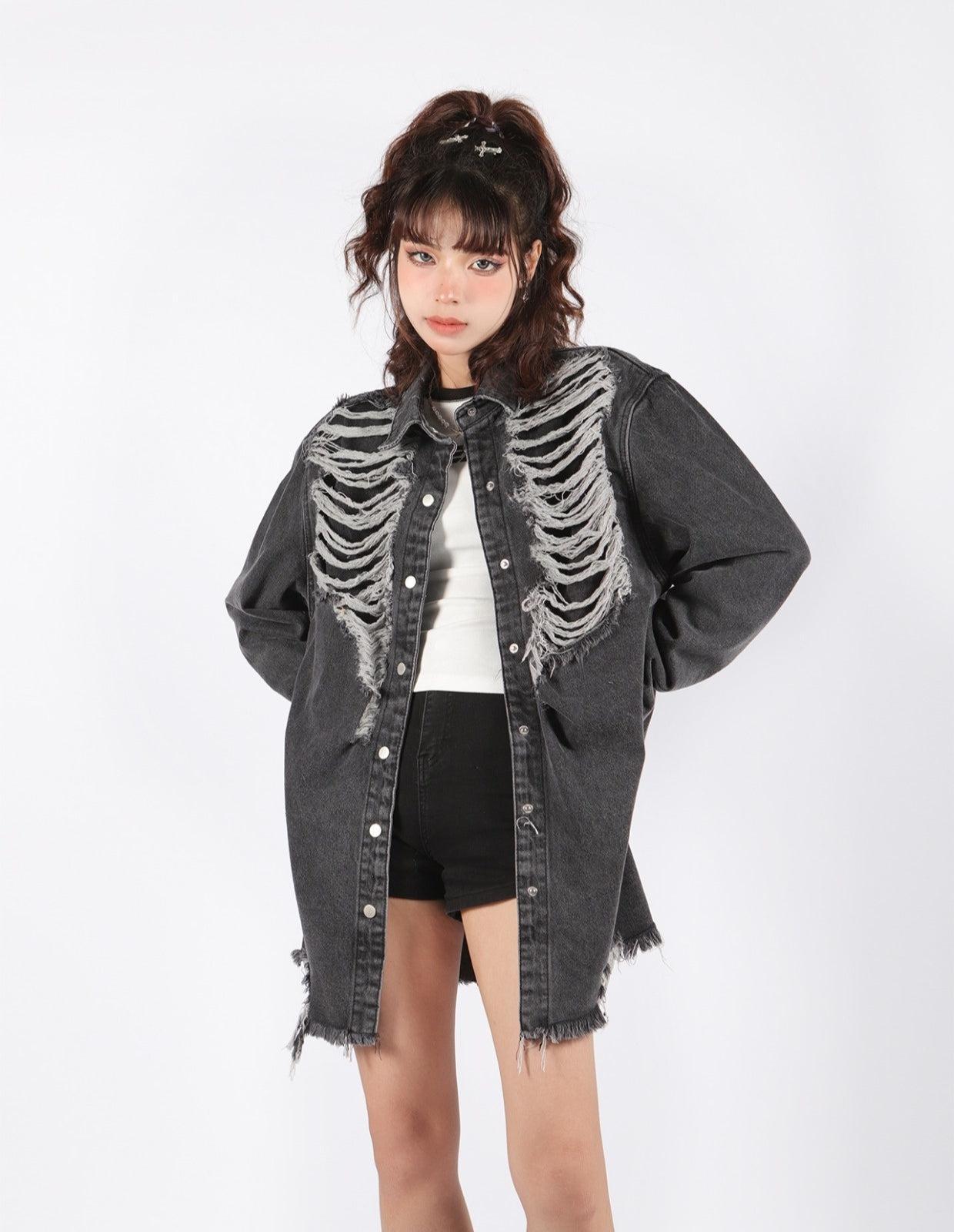 Stylish Work Outfits, Outfit Summer Ideas Grunge Distressed Long Denim Jacket