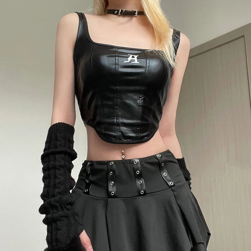 Stylish Work Outfits, Outfit Summer Ideas Grunge Faux Leather Crop Corset Top