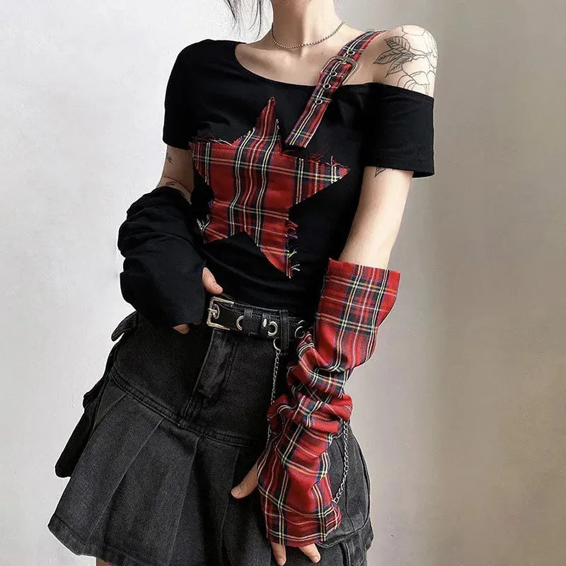 Stylish Work Outfits, Outfit Summer Ideas Grunge Plaid Star Patch Top