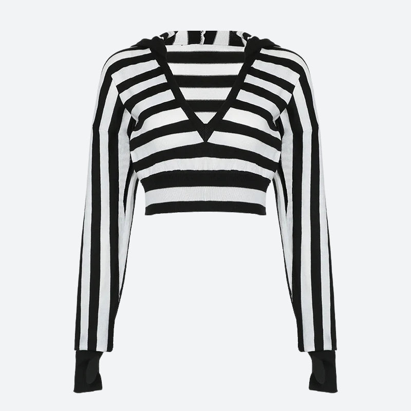 Stylish Work Outfits, Outfit Summer Ideas Grunge Striped Hooded Crop Top