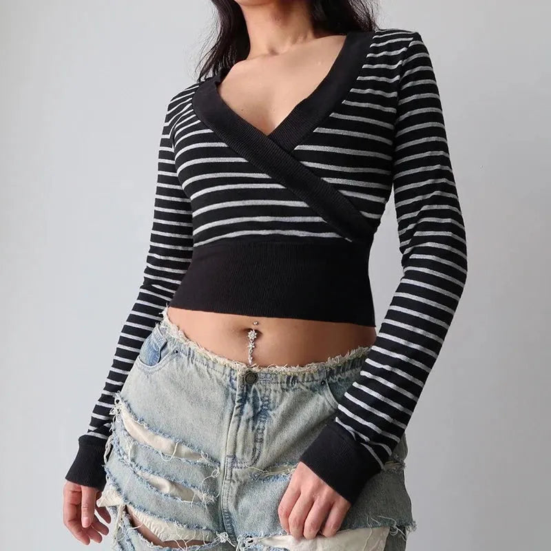 Stylish Work Outfits, Outfit Summer Ideas Grunge Striped Wrap Crop Top