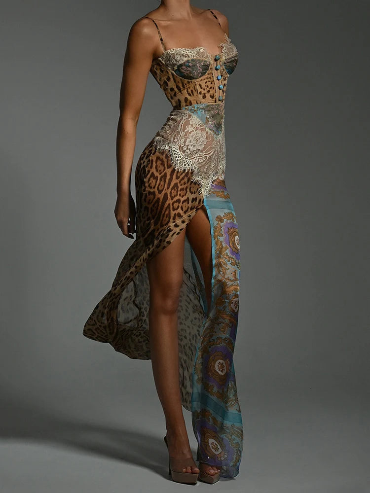 Stylish Work Outfits, Outfit Summer Ideas Leopard Patchwork Slit Maxi Dress