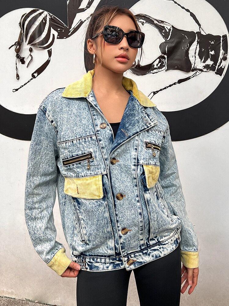 Stylish Work Outfits, Outfit Summer Ideas Mid Wash Patchwork Denim Jacket