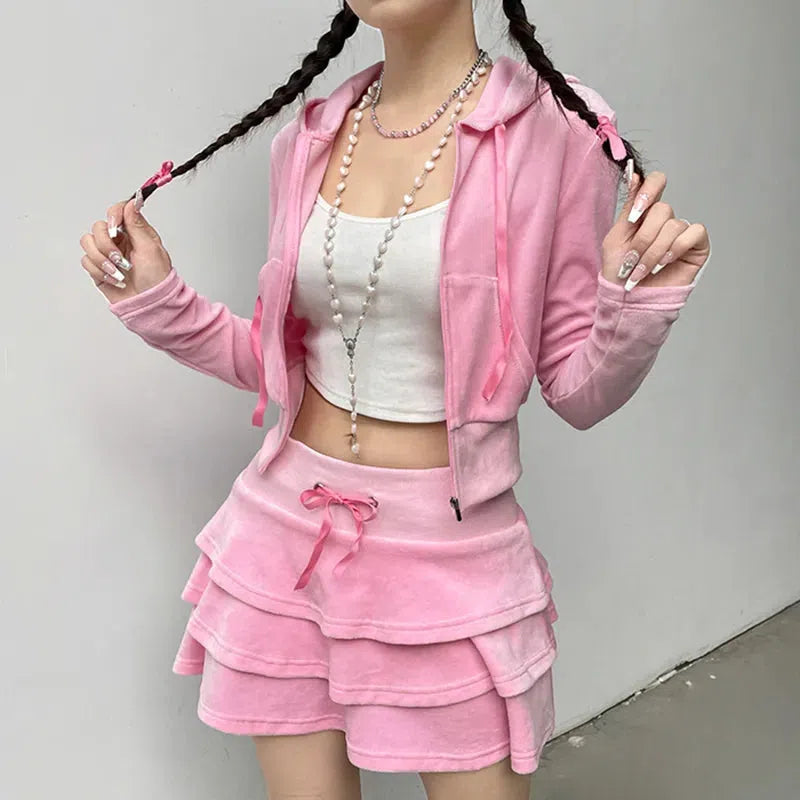 Stylish Work Outfits, Outfit Summer Ideas Pink Aesthetic Skirt & Hoodie Two Piece Set