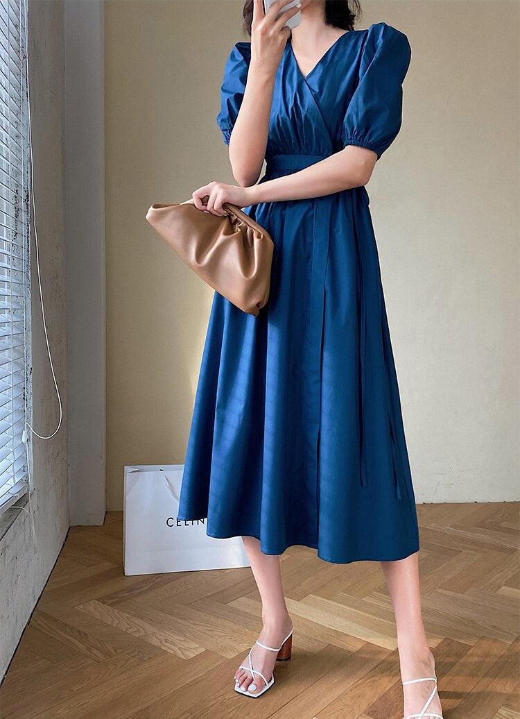 Stylish Work Outfits, Outfit Summer Ideas Puff Sleeve Wrap Midi Dress