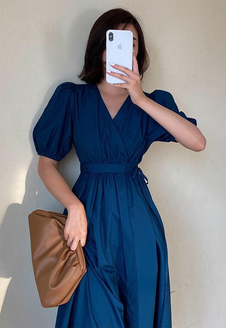 Stylish Work Outfits, Outfit Summer Ideas Puff Sleeve Wrap Midi Dress
