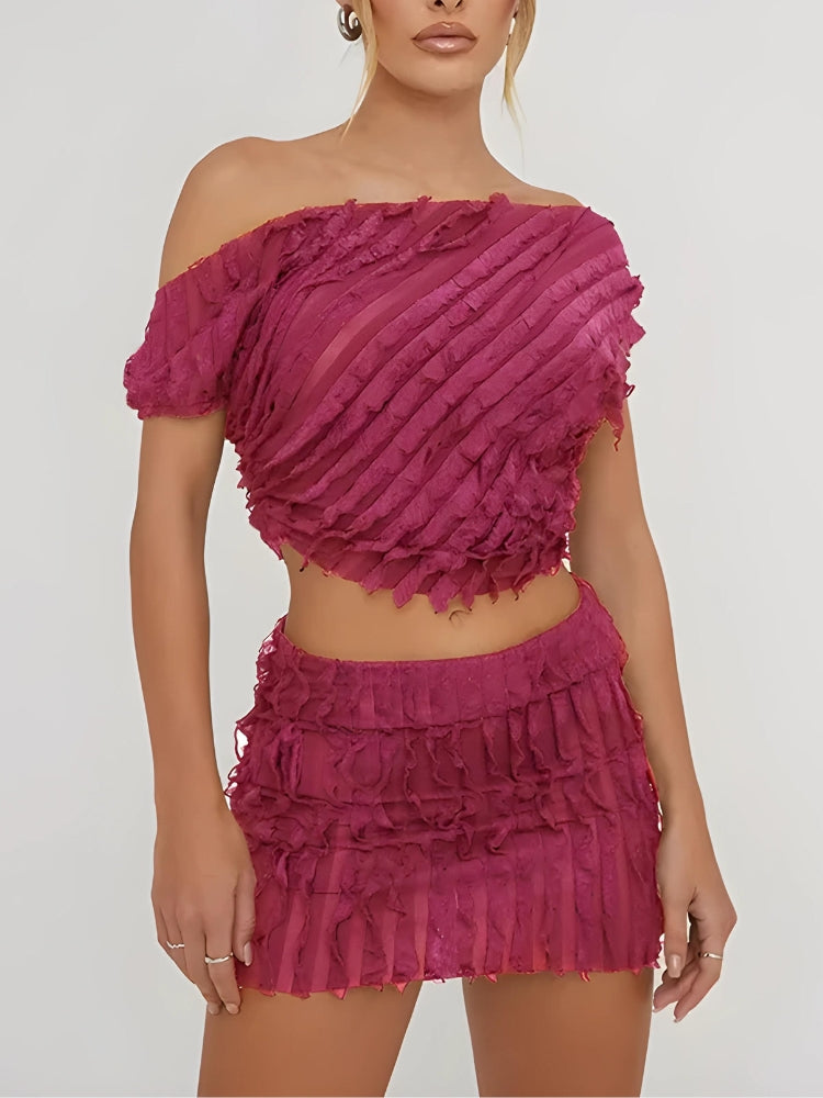 Stylish Work Outfits, Outfit Summer Ideas Ruffled One Shoulder Top & Mini Skirt Two Piece Set