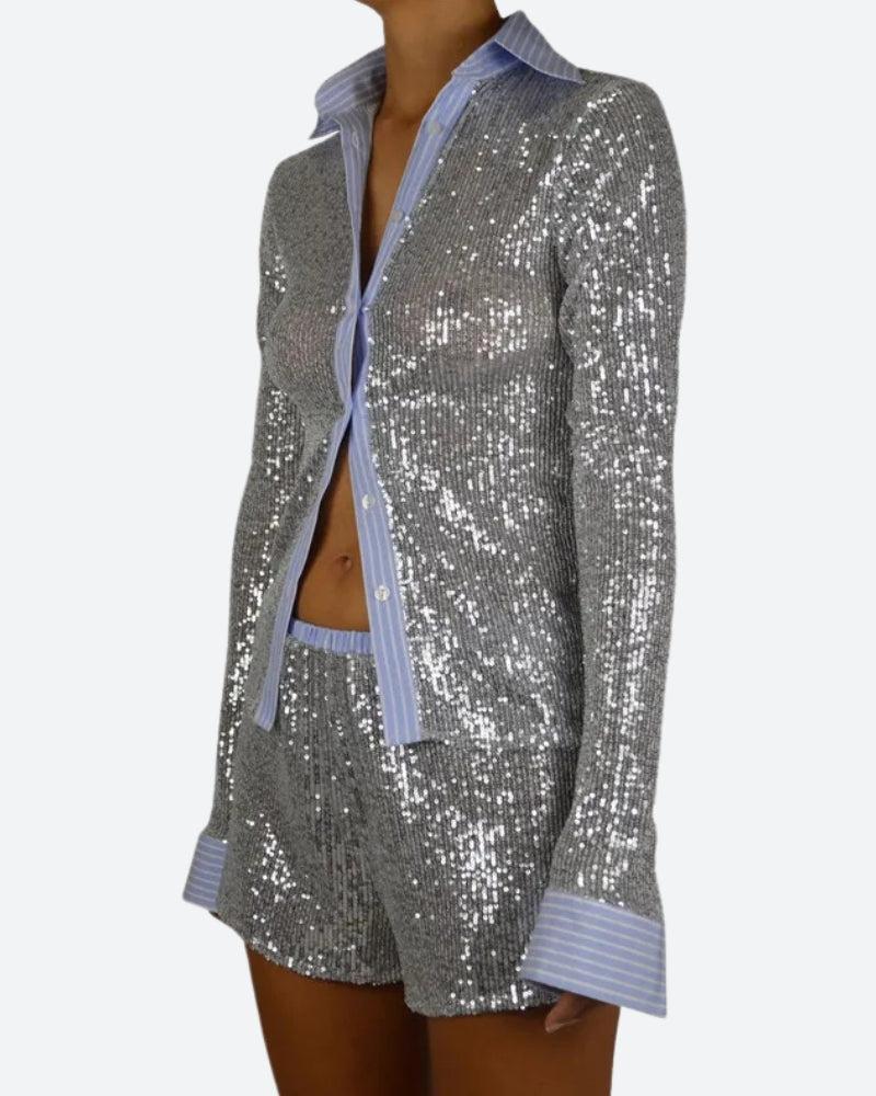 Stylish Work Outfits, Outfit Summer Ideas Sequined Shirt & Shorts Two Piece Set