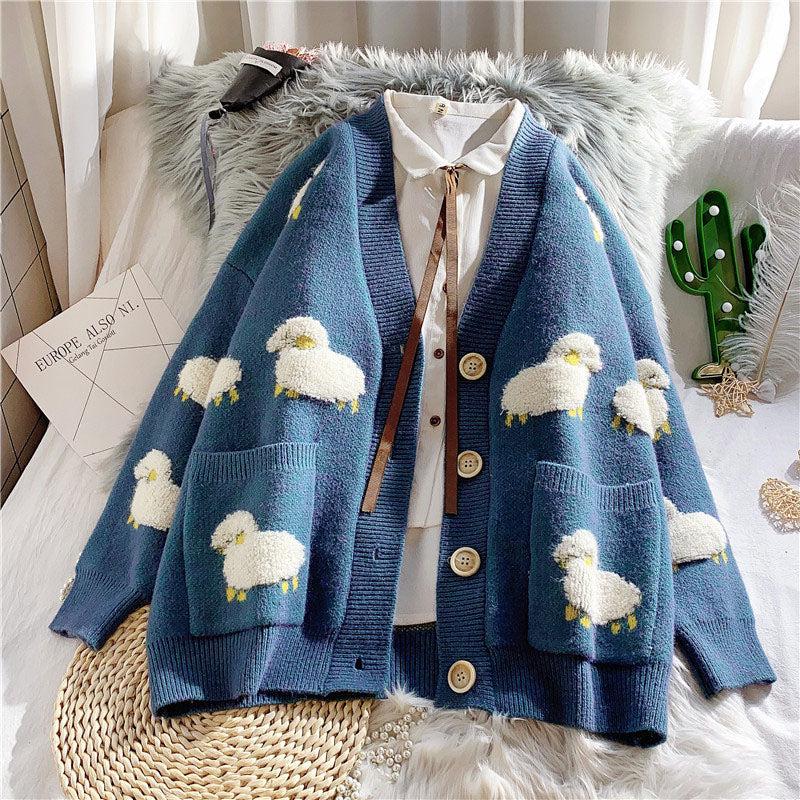 Stylish Work Outfits, Outfit Summer Ideas Sheep Embroidery Knitted Cardigan