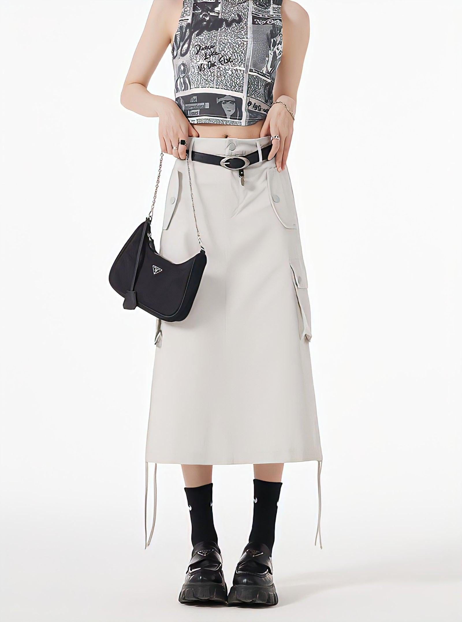 Stylish Work Outfits, Outfit Summer Ideas Slit & String Detailed Cargo Midi Skirt