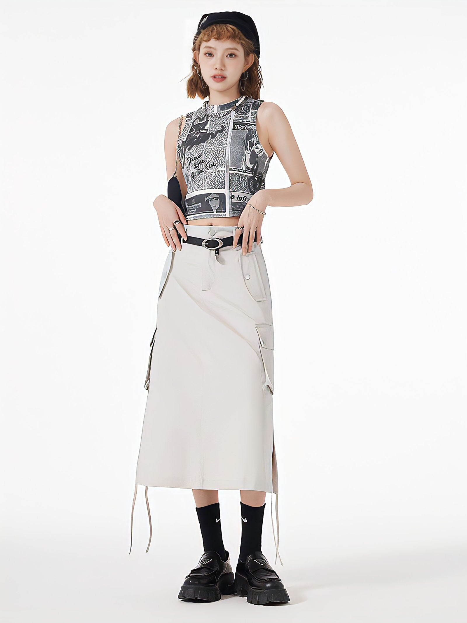 Stylish Work Outfits, Outfit Summer Ideas Slit & String Detailed Cargo Midi Skirt