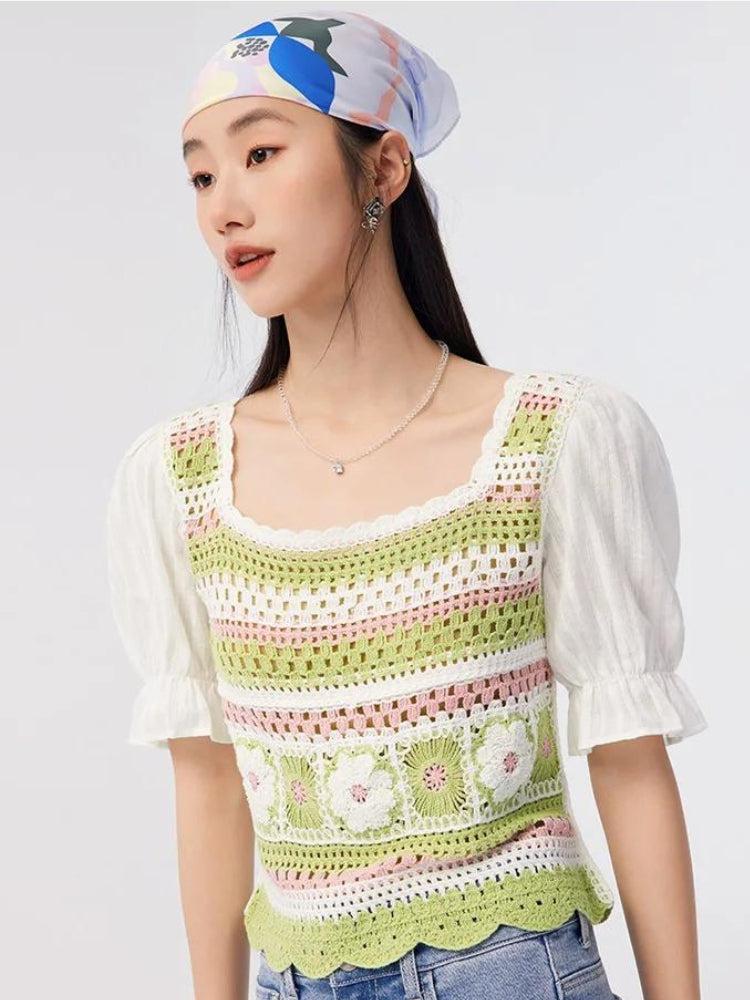 Stylish Work Outfits, Outfit Summer Ideas Soft Girl Floral Hollow Out Knitted Top