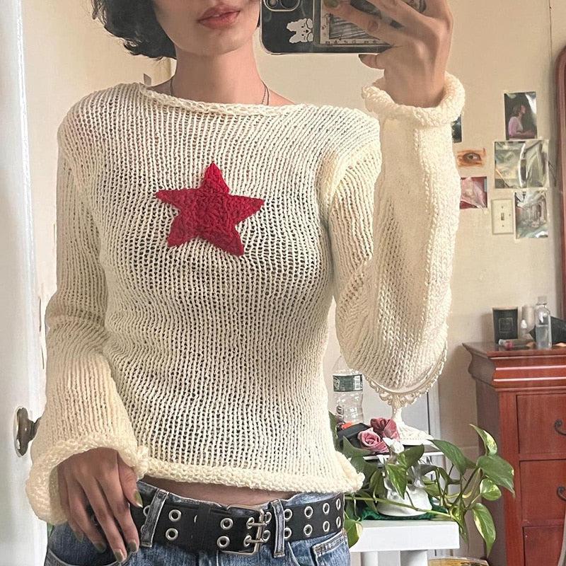 Stylish Work Outfits, Outfit Summer Ideas Star Embroidery Knitted Top