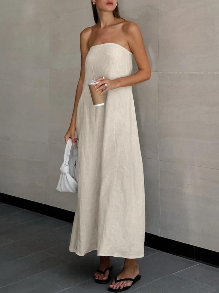 Stylish Work Outfits, Outfit Summer Ideas Strapless Linen Midi Dress