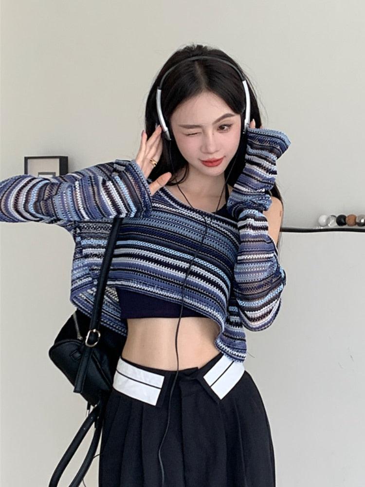 Stylish Work Outfits, Outfit Summer Ideas Striped Wide Neck Crop Sweater