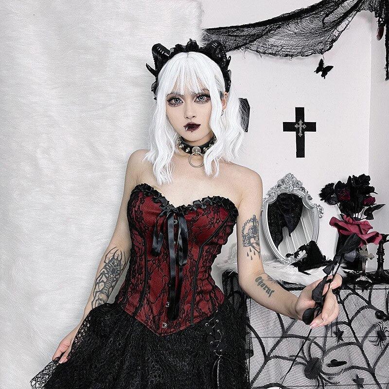 Stylish Work Outfits, Outfit Summer Ideas Victorian Goth Ribbon Detailed Corset Top
