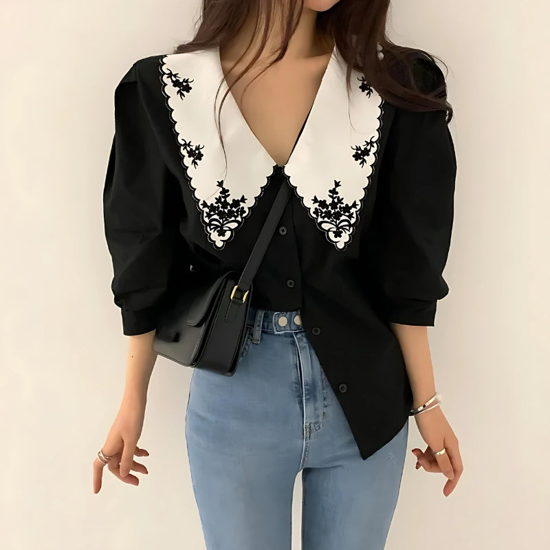 Stylish Work Outfits, Outfit Summer Ideas Vintage Embroidered Collar Shirt