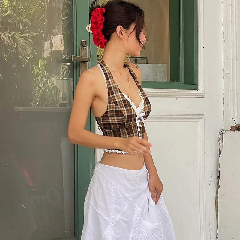 Stylish Work Outfits, Outfit Summer Ideas Vintage Plaid Halter Neck Top