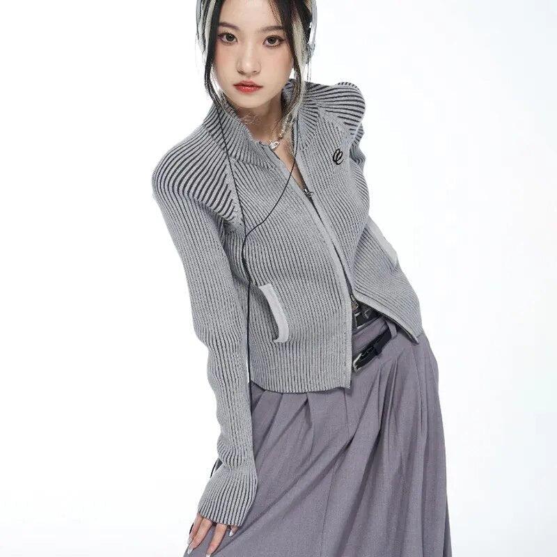 Stylish Work Outfits, Outfit Summer Ideas Y2K Cyber Zip-Up Turtleneck Cardigan