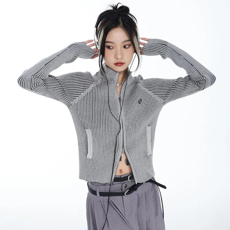 Stylish Work Outfits, Outfit Summer Ideas Y2K Cyber Zip-Up Turtleneck Cardigan