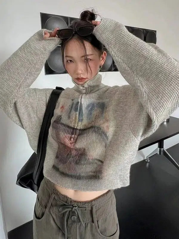 Stylish Work Outfits, Outfit Summer Ideas Y2K Half Zip-Up Knitted Sweater