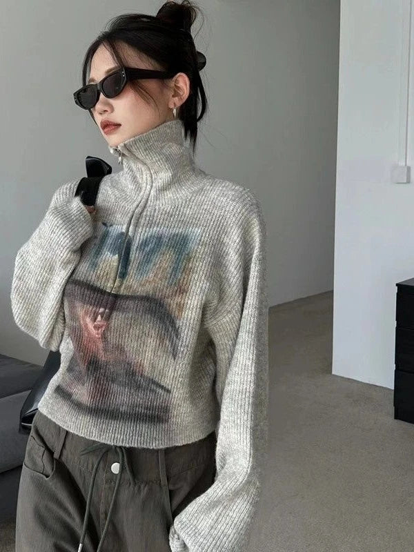Stylish Work Outfits, Outfit Summer Ideas Y2K Half Zip-Up Knitted Sweater