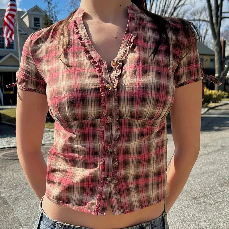 Stylish Work Outfits, Outfit Summer Ideas Y2K Plaid Ruffled Shirt