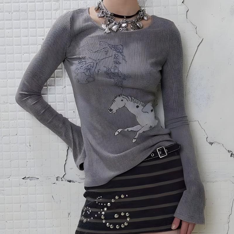 Stylish Work Outfits, Outfit Summer Ideas Y2K White Horse Ribbed Top