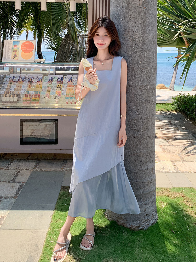 Summer 2025 Korean-Style Sleeveless Spliced Tank Dress for Women - Elegant French-Inspired Long Dress